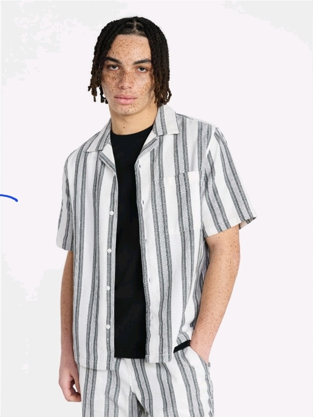 Striped Short-Sleeve Camp Shirt - White & Black